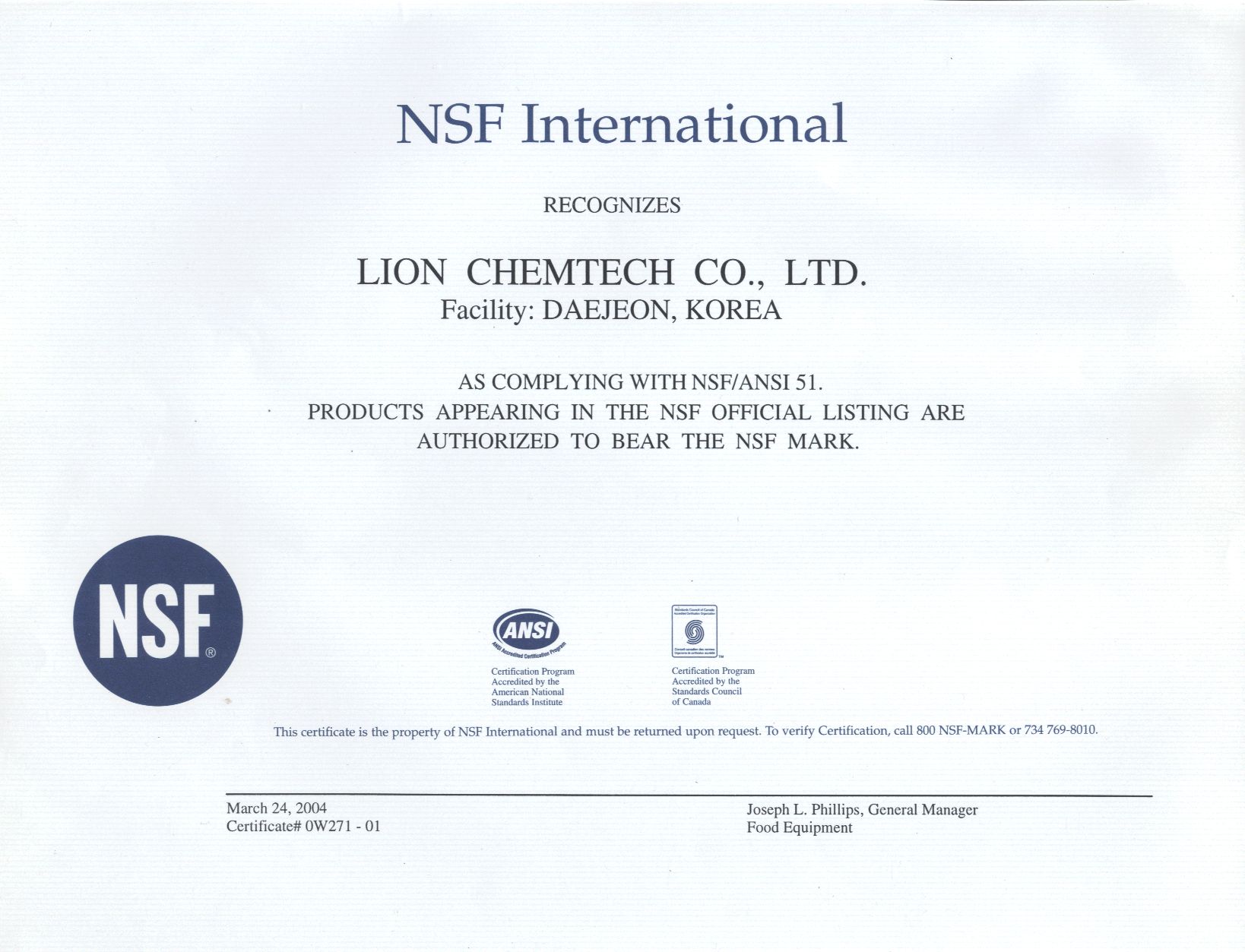 Lion Chemtech Co. Ltd. Съответствие със стандартите NSF ANSI51